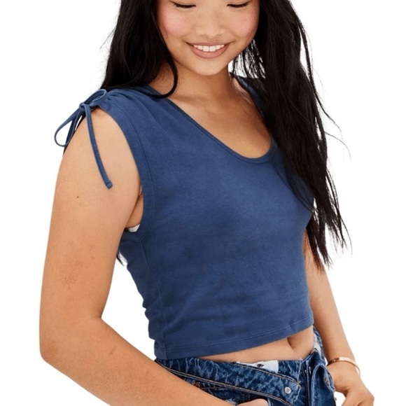 American Eagle Dusty Blue Cinched Tie Shoulder Cropped Tank Top Size: L - Picture 1 of 5